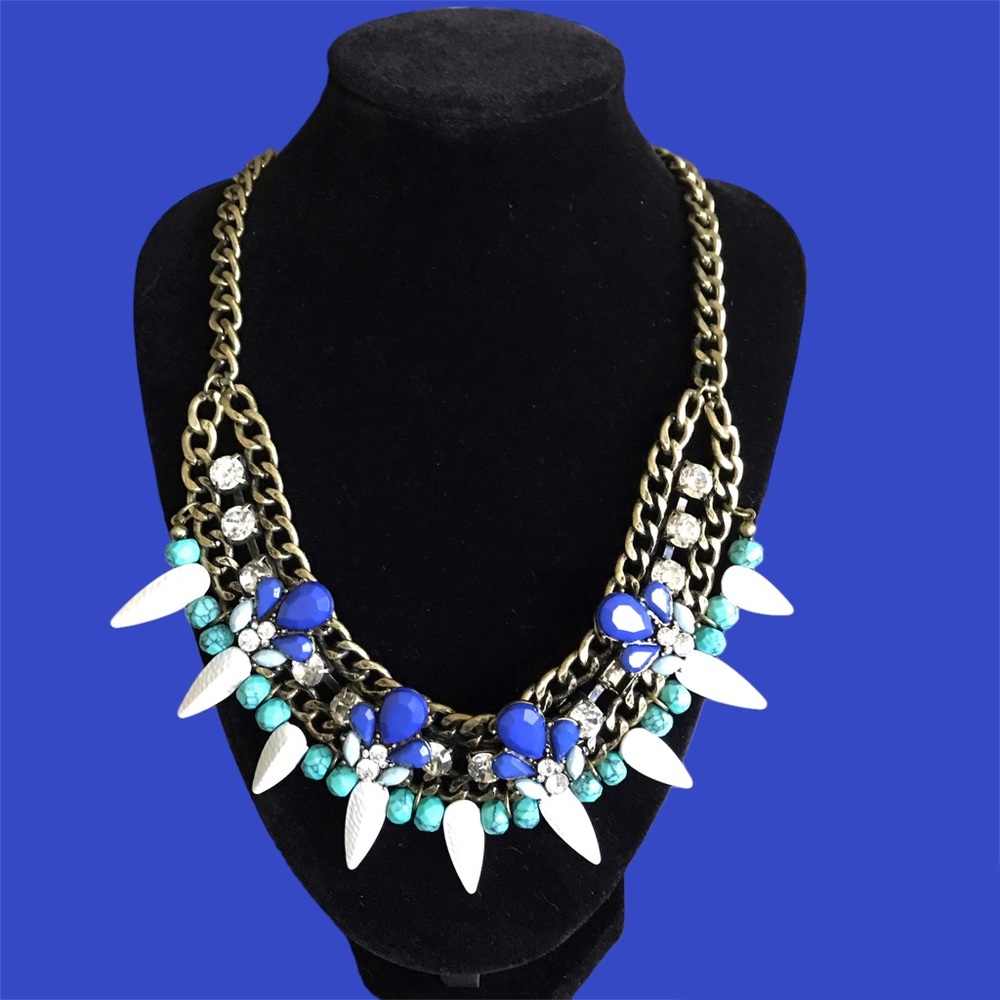 Statement Necklace Blue White Clear Rhinestones on Chain 18 inches